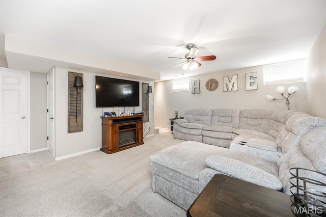 1241 Antique Ln, Mascoutah, IL 62258 - living area with carpet flooring, ceiling fan, and a fireplace