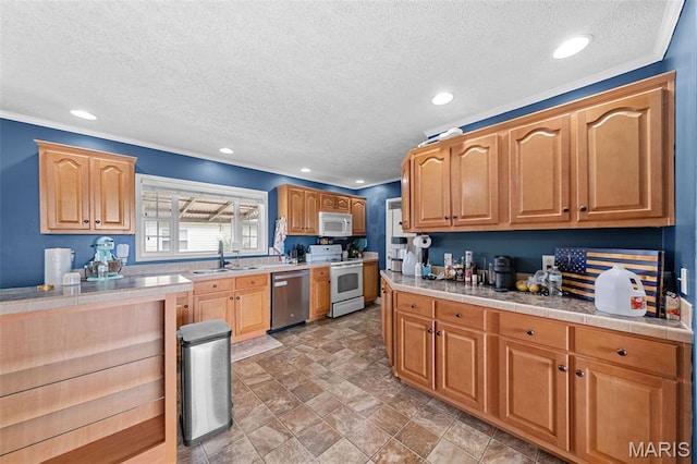 44 Viola Dr, Wright City, MO 63390 - kitchen with white appliances, a textured ceiling, recessed lighting, light stone finish floors, and tile countertops