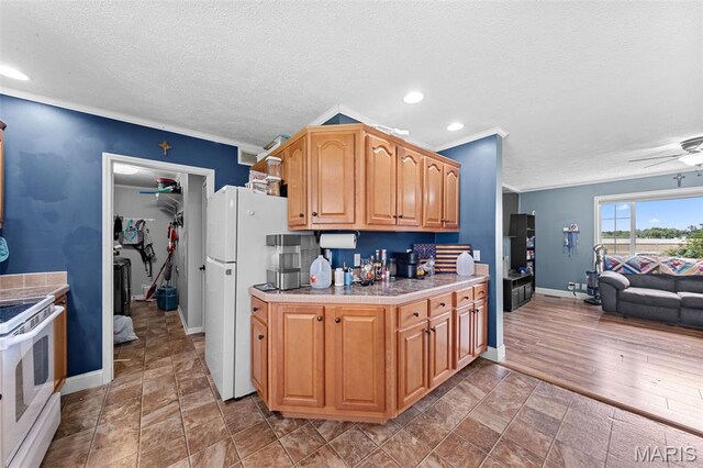 44 Viola Dr, Wright City, MO 63390 - kitchen featuring white appliances, tile countertops, a textured ceiling, crown molding, and recessed lighting