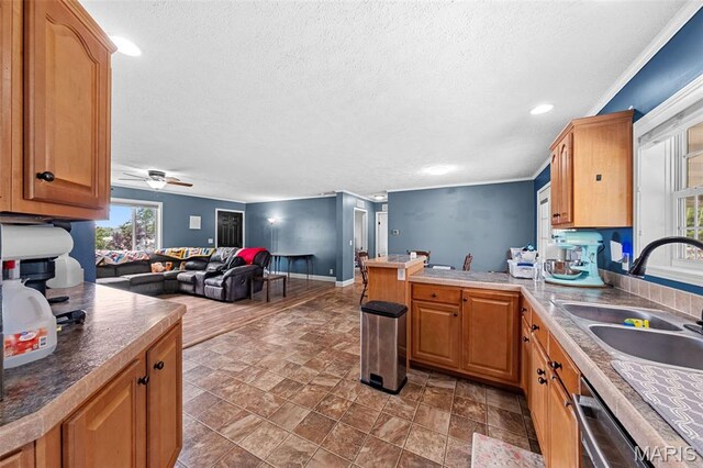 44 Viola Dr, Wright City, MO 63390 - kitchen featuring a peninsula, a textured ceiling, open floor plan, a ceiling fan, and recessed lighting
