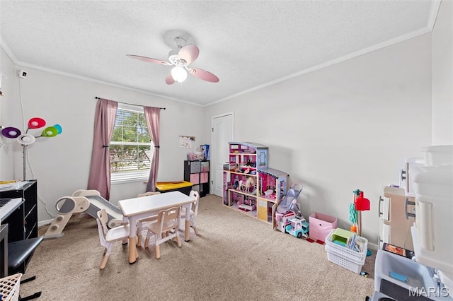 44 Viola Dr, Wright City, MO 63390 - game room with ornamental molding, carpet, ceiling fan, and a textured ceiling