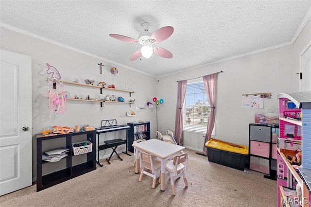 44 Viola Dr, Wright City, MO 63390 - rec room with carpet floors, a ceiling fan, ornamental molding, and a textured ceiling