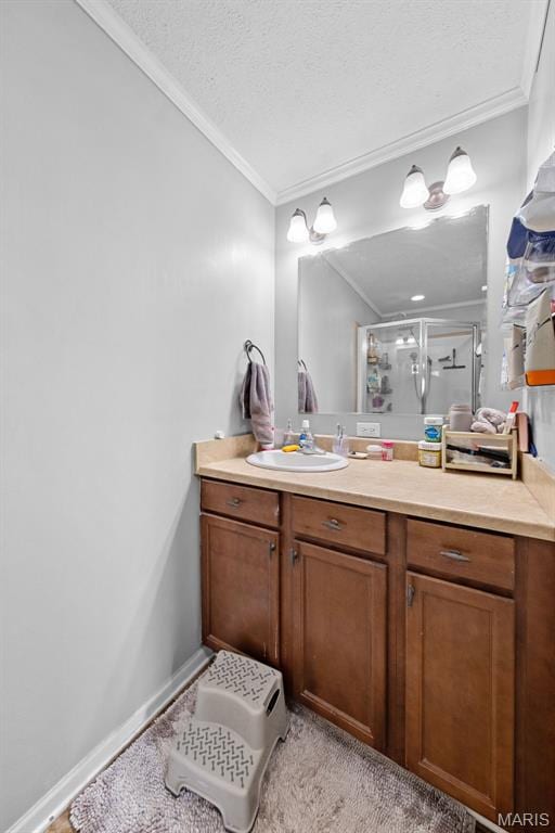 44 Viola Dr, Wright City, MO 63390 - bathroom with ornamental molding, vanity, and a stall shower