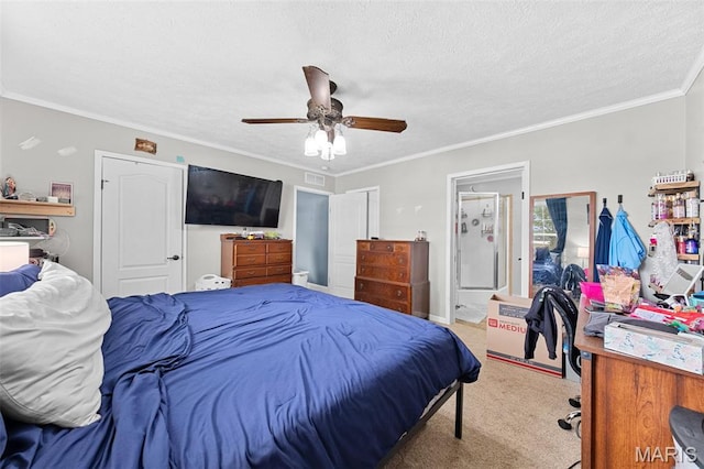 44 Viola Dr, Wright City, MO 63390 - bedroom with carpet, crown molding, ceiling fan, and a textured ceiling