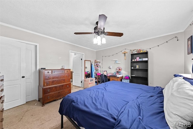 44 Viola Dr, Wright City, MO 63390 - bedroom featuring light carpet, crown molding, a ceiling fan, and a textured ceiling