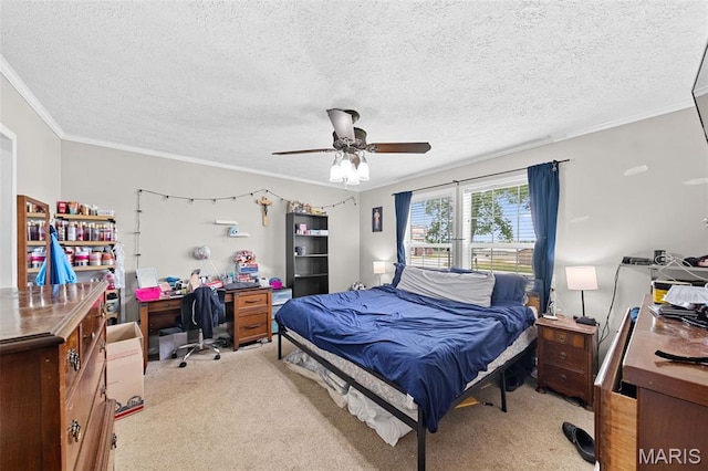 44 Viola Dr, Wright City, MO 63390 - bedroom featuring a desk, light colored carpet, ornamental molding, a textured ceiling, and a ceiling fan