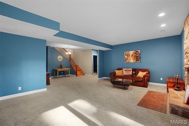 877 Red Fox Dr, Innsbrook, MO 63390 - carpeted living area featuring stairway and recessed lighting
