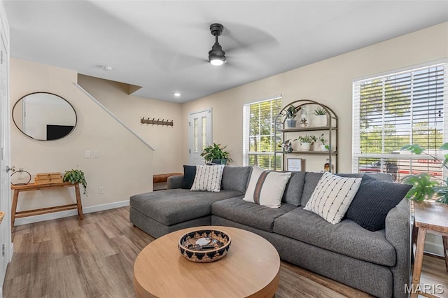 847 Boardwalk Springs Pl, Ofallon, MO 63368 - living room with ceiling fan and wood finished floors