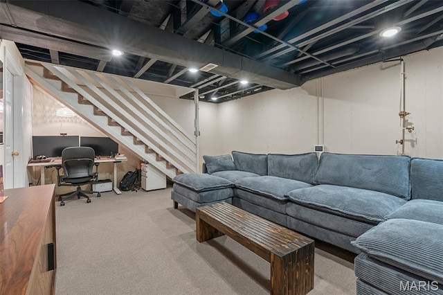 847 Boardwalk Springs Pl, Ofallon, MO 63368 - carpeted living area featuring stairway and an office area