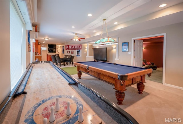 824 Legends View Dr, Eureka, MO 63025 - game room featuring carpet floors, billiards, ceiling fan, and recessed lighting