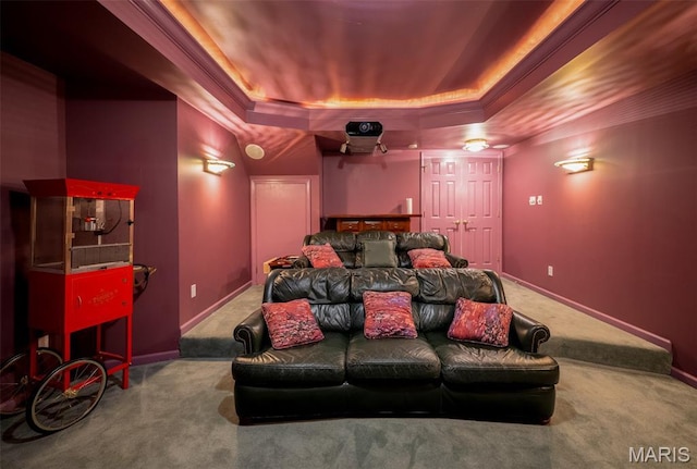 824 Legends View Dr, Eureka, MO 63025 - cinema room featuring a raised ceiling, carpet flooring, and crown molding