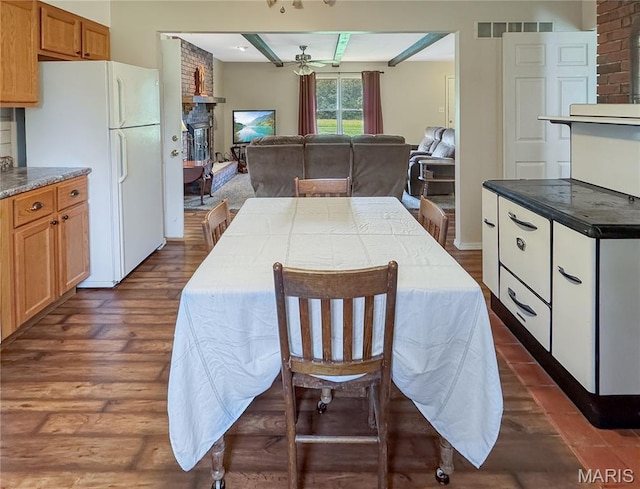 4423 Project Rd, Luebbering, MO 63061 - kitchen featuring freestanding refrigerator, dark wood-type flooring, a ceiling fan, and open floor plan