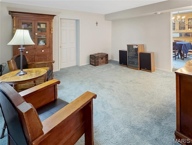 4423 Project Rd, Luebbering, MO 63061 - carpeted living room with beverage cooler, a chandelier, and baseboards