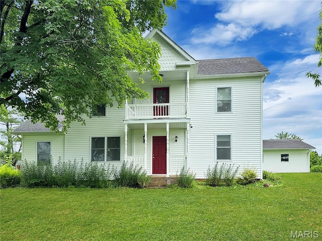 4423 Project Rd, Luebbering, MO 63061 - view of front facade featuring a balcony, a front yard, and a shingled roof