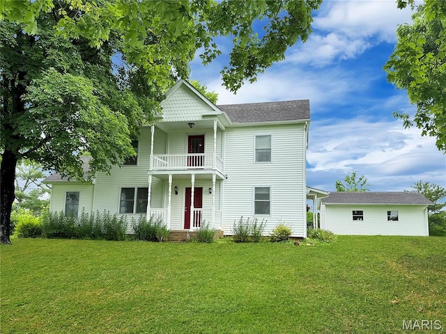 4423 Project Rd, Luebbering, MO 63061 - victorian-style house with a balcony, a front lawn, and a shingled roof