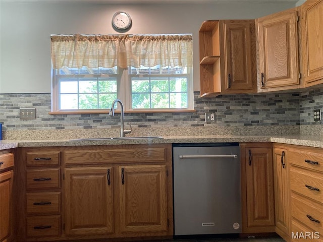225 Country Crest Ln, Union, MO 63084 - kitchen with stainless steel dishwasher, open shelves, light countertops, decorative backsplash, and brown cabinetry