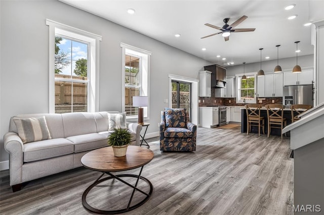 422 N 2nd St, De Soto, MO 63020 - living area featuring recessed lighting, light wood-style floors, and ceiling fan