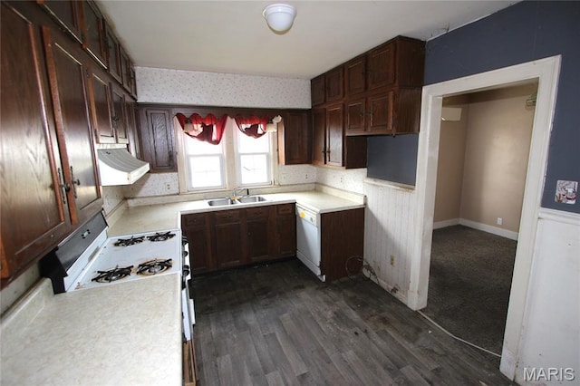 205 Deguire, Fredericktown, MO 63645 - kitchen featuring white appliances, range hood, dark wood-style floors, light countertops, and wallpapered walls