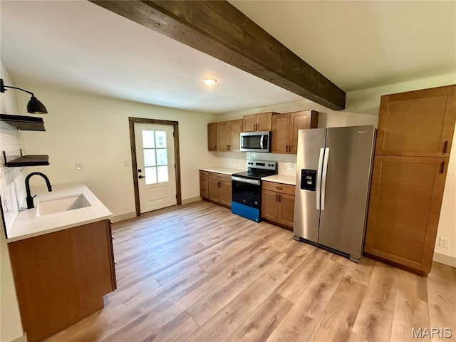 10293 Strange Rd, Potosi, MO 63664 - kitchen featuring appliances with stainless steel finishes, open shelves, beamed ceiling, and light wood finished floors