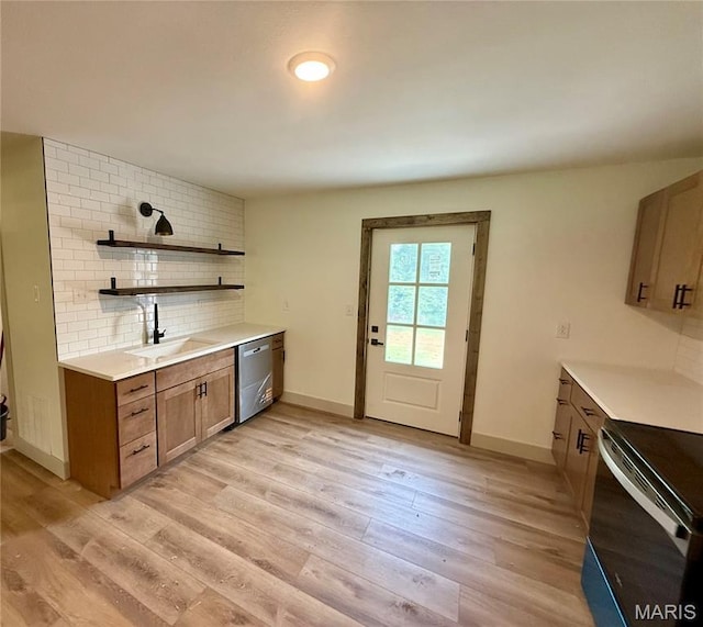 10293 Strange Rd, Potosi, MO 63664 - kitchen featuring electric range oven, dishwasher, light countertops, light wood-style floors, and tasteful backsplash