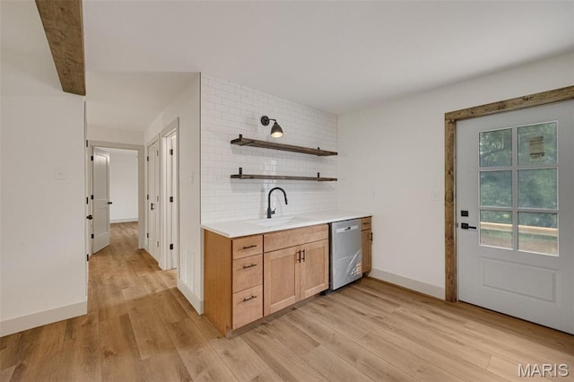 10293 Strange Rd, Potosi, MO 63664 - bar featuring stainless steel dishwasher, light wood-style floors, and decorative backsplash