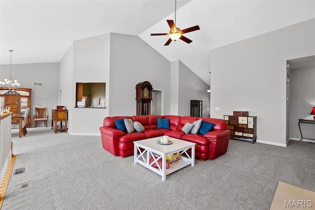6 Wolverton Ct, Saint Charles, MO 63301 - carpeted living area featuring a ceiling fan, high vaulted ceiling, and a chandelier