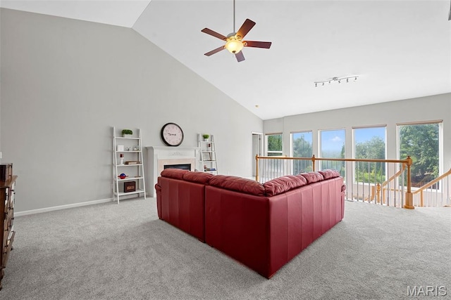 6 Wolverton Ct, Saint Charles, MO 63301 - carpeted living room featuring ceiling fan, high vaulted ceiling, and a fireplace