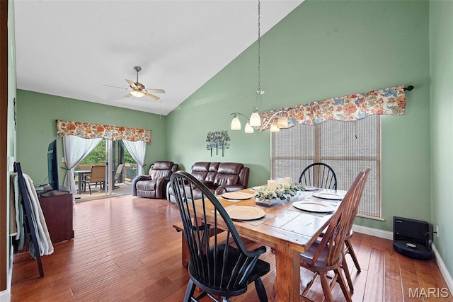 6 Wolverton Ct, Saint Charles, MO 63301 - dining area with high vaulted ceiling, ceiling fan, a chandelier, and wood-type flooring