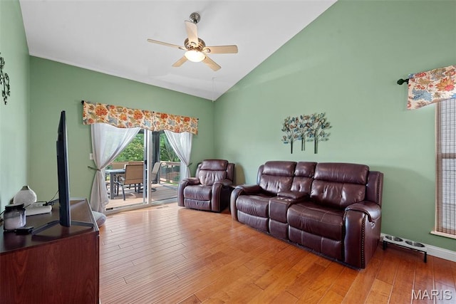 6 Wolverton Ct, Saint Charles, MO 63301 - living room featuring ceiling fan, vaulted ceiling, and wood finished floors