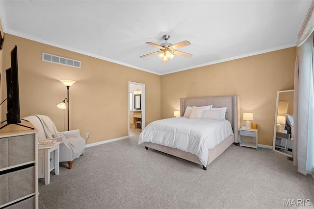6 Wolverton Ct, Saint Charles, MO 63301 - bedroom with ornamental molding, carpet floors, a ceiling fan, and ensuite bathroom