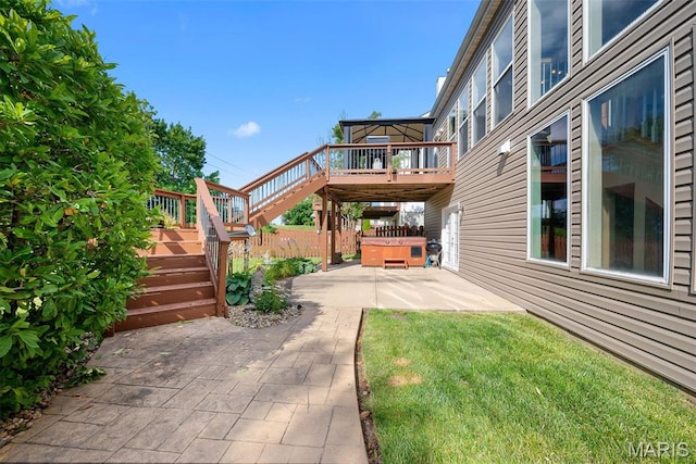 6 Wolverton Ct, Saint Charles, MO 63301 - view of yard with stairway, a patio, a wooden deck, and a hot tub