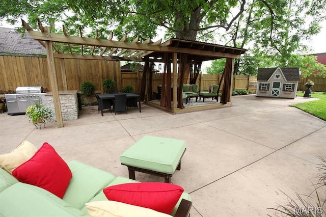 302 N Main St, Saint Elmo, IL 62458 - fenced backyard with area for grilling, an outdoor hangout area, a patio, a shed, and a pergola