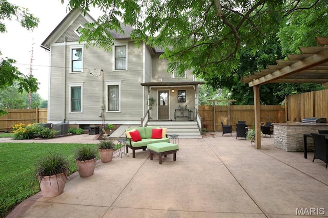 302 N Main St, Saint Elmo, IL 62458 - back of house featuring a patio area, a fenced backyard, a pergola, and an outdoor kitchen