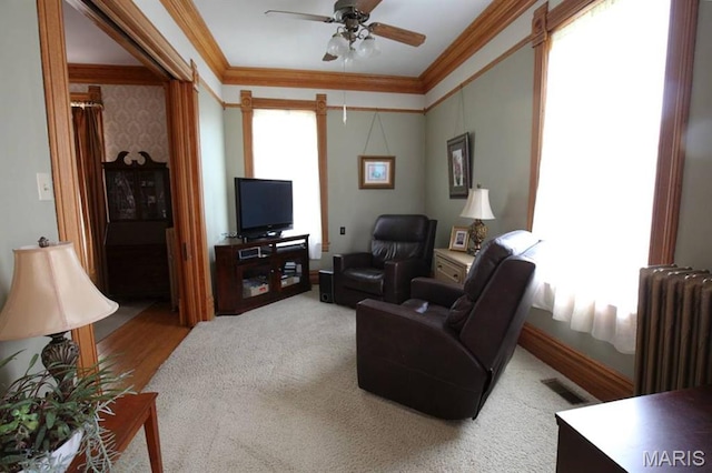302 N Main St, Saint Elmo, IL 62458 - carpeted living area featuring radiator heating unit, ornamental molding, and ceiling fan
