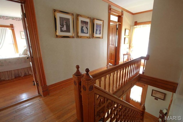 302 N Main St, Saint Elmo, IL 62458 - staircase with healthy amount of natural light, ornamental molding, and hardwood / wood-style floors