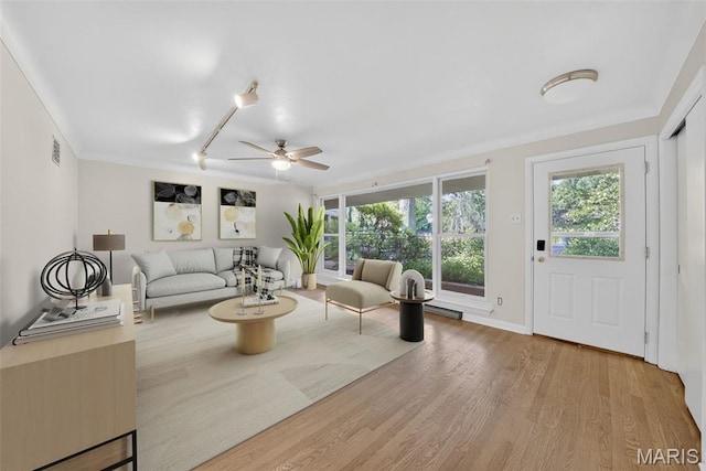 3 Cardigan Ln, Saint Louis, MO 63135 - living room with plenty of natural light, a ceiling fan, and wood finished floors