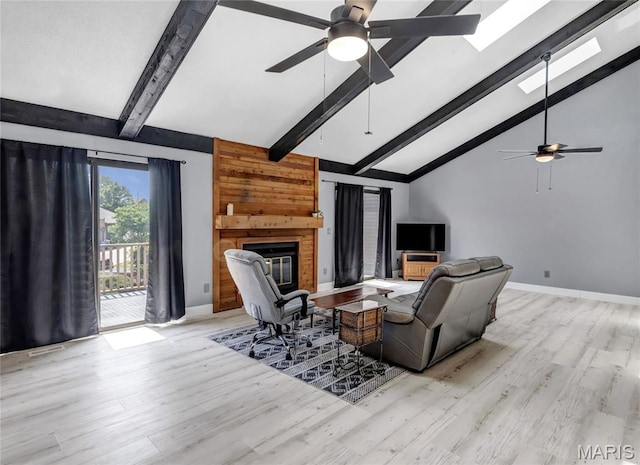 225 Hemingway Ln Unit F, Weldon Spring, MO 63304 - living area featuring a ceiling fan, beamed ceiling, wood finished floors, high vaulted ceiling, and a fireplace
