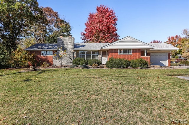 4831 S State Route 159, Glen Carbon, IL 62034 - ranch-style house featuring an attached garage, brick siding, a front yard, and a chimney
