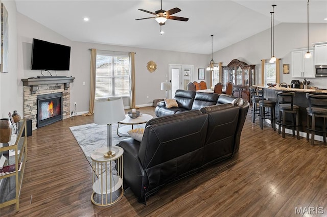 2626 Waldon Ln, Belleville, IL 62221 - living room with lofted ceiling, a ceiling fan, dark wood-style floors, healthy amount of natural light, and recessed lighting