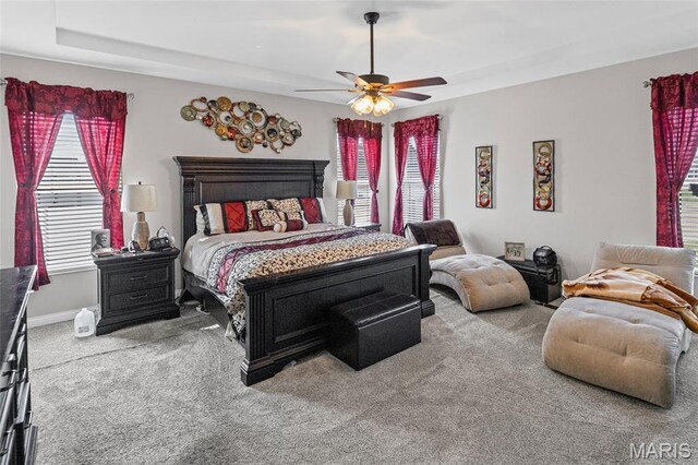 2626 Waldon Ln, Belleville, IL 62221 - carpeted bedroom featuring ceiling fan and a tray ceiling