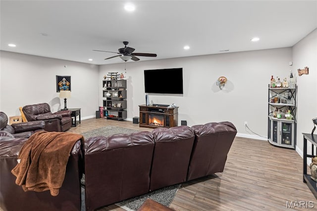 2626 Waldon Ln, Belleville, IL 62221 - living room with ceiling fan, recessed lighting, wood finished floors, and a lit fireplace