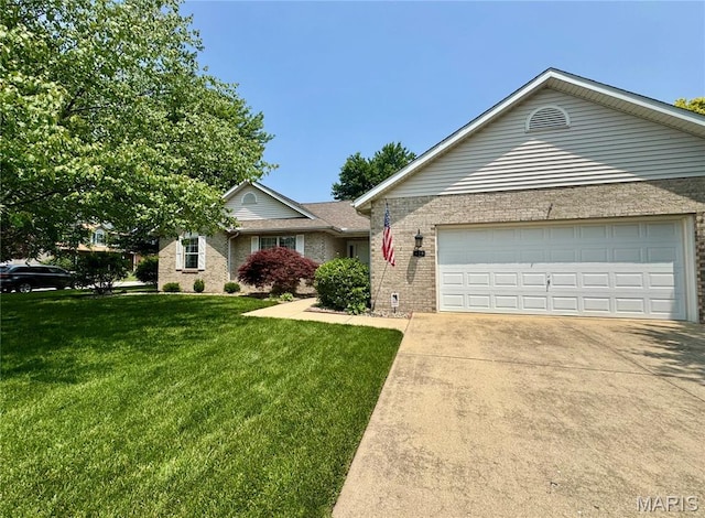 829 Clemson Ave, Fairview Heights, IL 62208 - ranch-style house with driveway, brick siding, a front lawn, and an attached garage