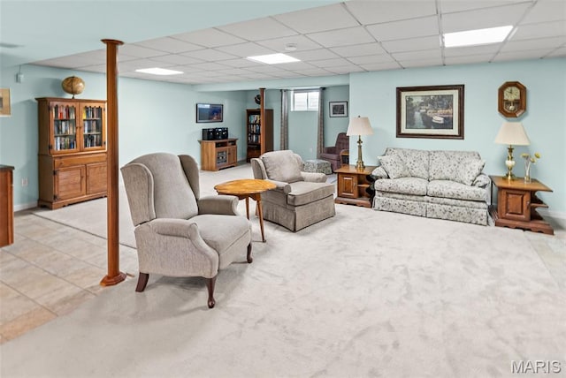 829 Clemson Ave, Fairview Heights, IL 62208 - living room with a paneled ceiling, light colored carpet, and light tile patterned flooring
