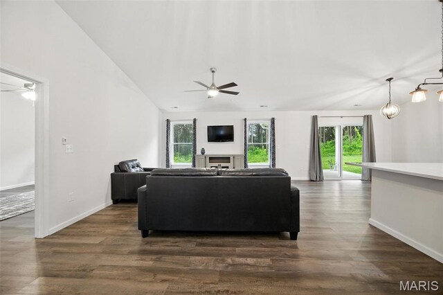 1575 Hickory Lndg, De Soto, MO 63020 - living area with ceiling fan, healthy amount of natural light, dark wood-type flooring, and vaulted ceiling