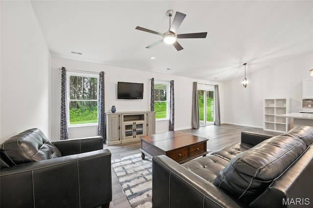 1575 Hickory Lndg, De Soto, MO 63020 - living room with plenty of natural light, ceiling fan, vaulted ceiling, and light wood-style floors