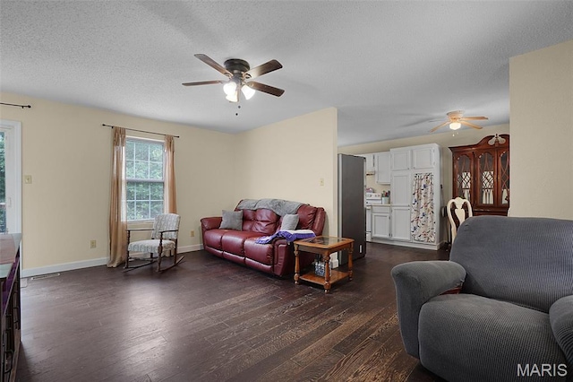 351 Orion Dr, De Soto, MO 63020 - living area featuring a ceiling fan, dark wood-type flooring, and a textured ceiling