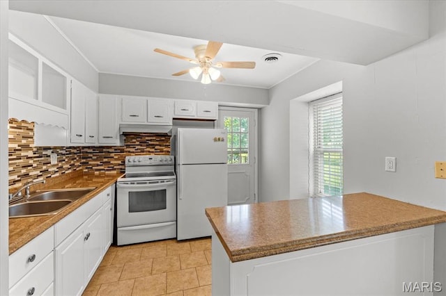1745 Herault Pl Unit F, Saint Louis, MO 63125 - kitchen with white appliances, under cabinet range hood, a ceiling fan, white cabinetry, and decorative backsplash