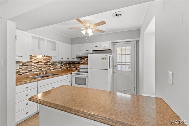 1745 Herault Pl Unit F, Saint Louis, MO 63125 - kitchen with white appliances, under cabinet range hood, ceiling fan, backsplash, and white cabinets