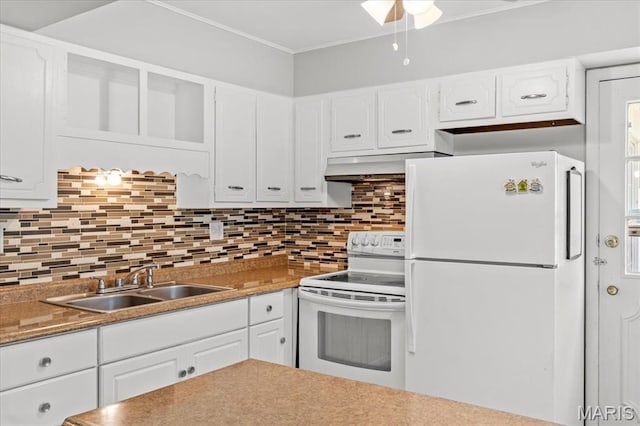 1745 Herault Pl Unit F, Saint Louis, MO 63125 - kitchen featuring white appliances, white cabinets, decorative backsplash, under cabinet range hood, and ornamental molding