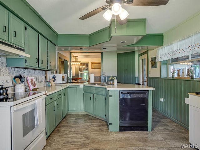 1767 Ames Rd, Prairie Du Rocher, IL 62277 - kitchen featuring green cabinetry, white appliances, under cabinet range hood, a peninsula, and a ceiling fan